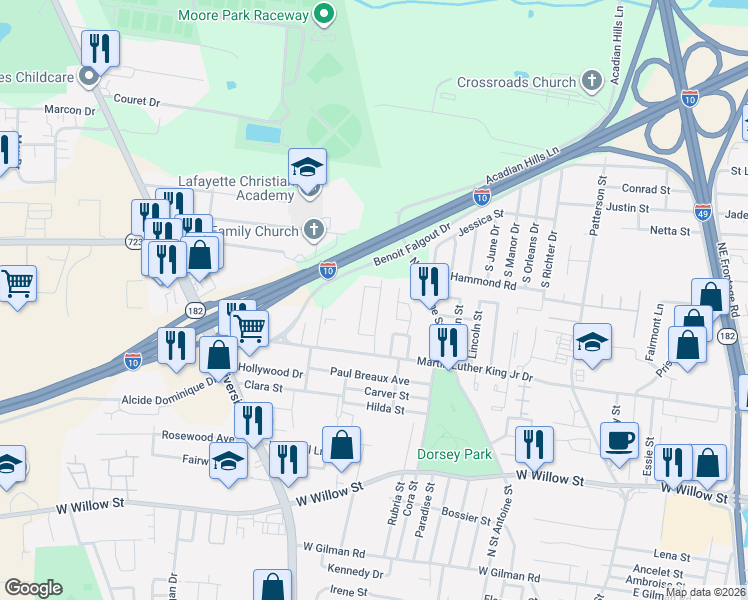 map of restaurants, bars, coffee shops, grocery stores, and more near 224-226 Town Homes Loop in Lafayette