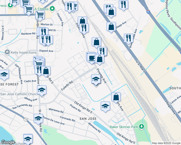 map of restaurants, bars, coffee shops, grocery stores, and more near 3924 Toledo Road in Jacksonville