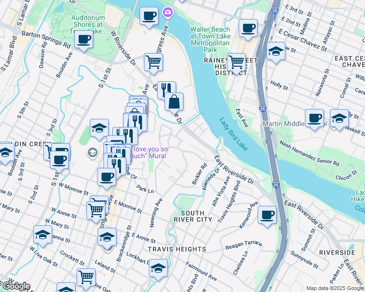 map of restaurants, bars, coffee shops, grocery stores, and more near 402 Academy Drive in Austin
