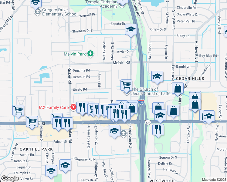 map of restaurants, bars, coffee shops, grocery stores, and more near 4925 Redstone Drive in Jacksonville