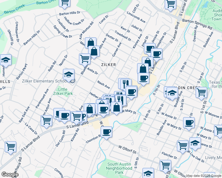 map of restaurants, bars, coffee shops, grocery stores, and more near 1000 Nash Avenue in Austin