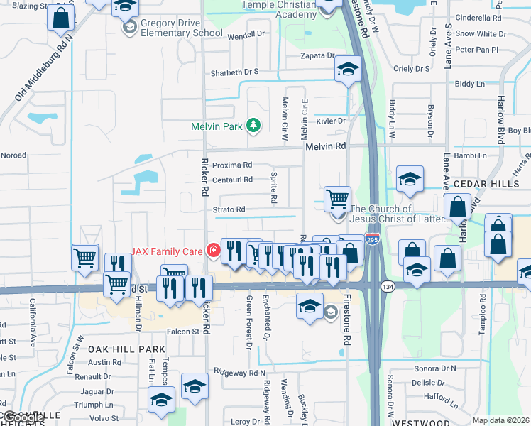 map of restaurants, bars, coffee shops, grocery stores, and more near 7424 Strato Road in Jacksonville