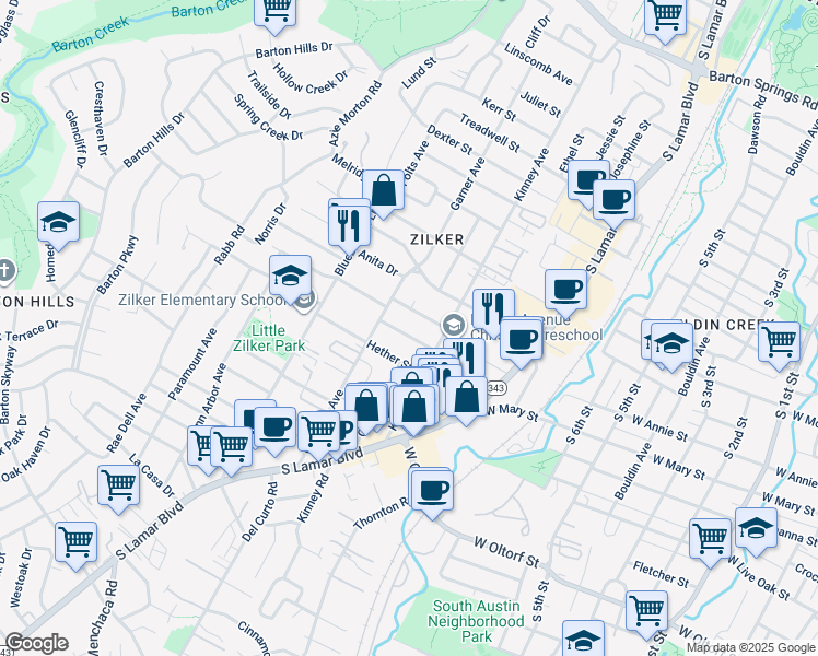 map of restaurants, bars, coffee shops, grocery stores, and more near 1700 Bauerle Avenue in Austin