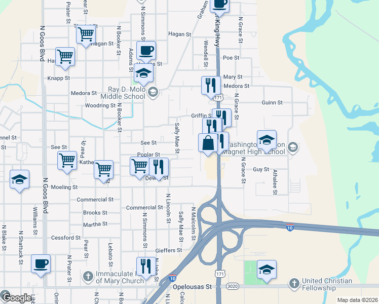 map of restaurants, bars, coffee shops, grocery stores, and more near 2416 Blackwell Street in Lake Charles