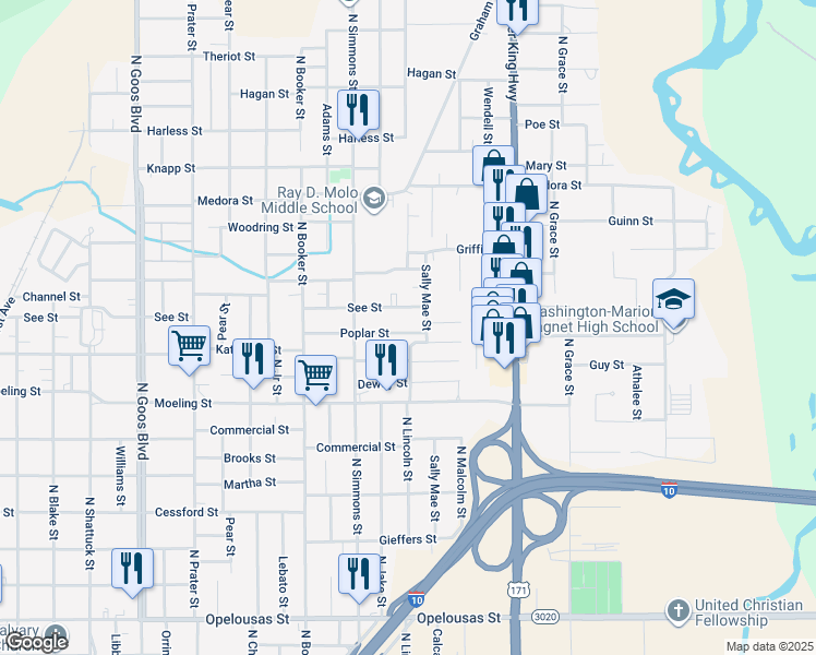 map of restaurants, bars, coffee shops, grocery stores, and more near 2345 Poplar Street in Lake Charles