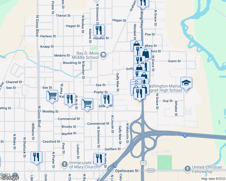 map of restaurants, bars, coffee shops, grocery stores, and more near 2345 Poplar St in Lake Charles