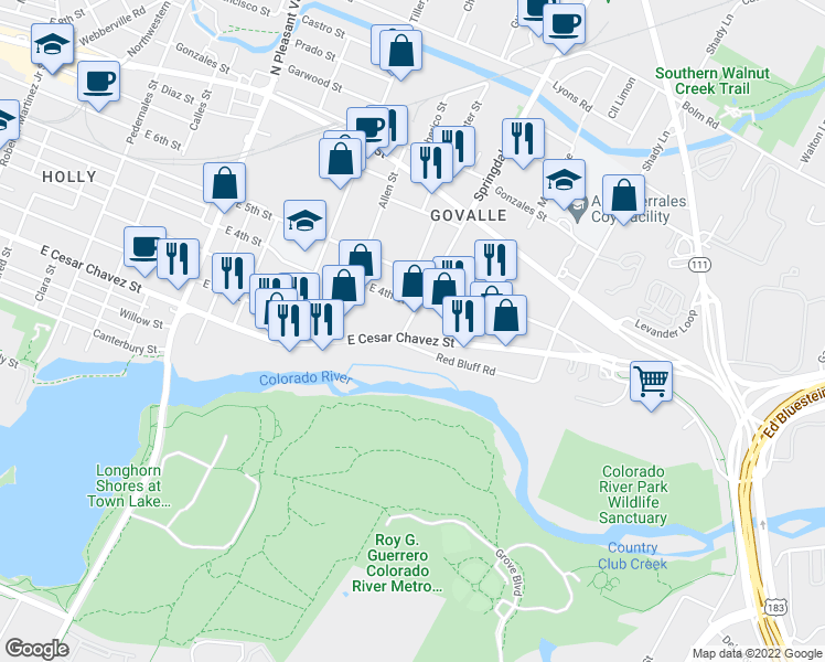 map of restaurants, bars, coffee shops, grocery stores, and more near 4600 East Cesar Chavez Street in Austin