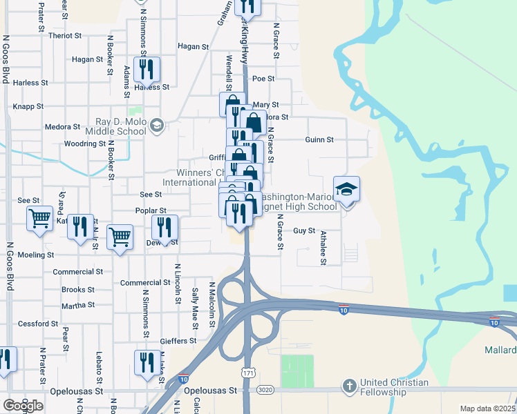 map of restaurants, bars, coffee shops, grocery stores, and more near 2605 Pineview Street in Lake Charles