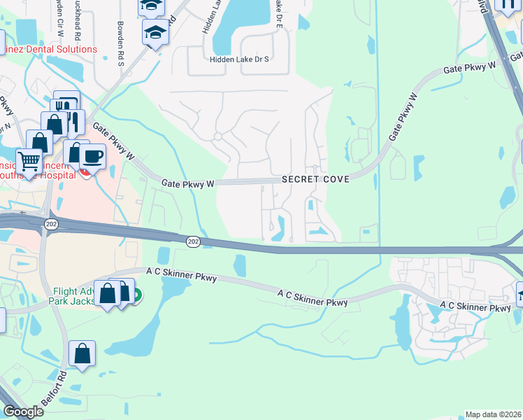 map of restaurants, bars, coffee shops, grocery stores, and more near Crownwood Drive in Jacksonville