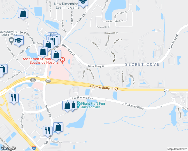 map of restaurants, bars, coffee shops, grocery stores, and more near 4255 Studio Park Avenue in Jacksonville