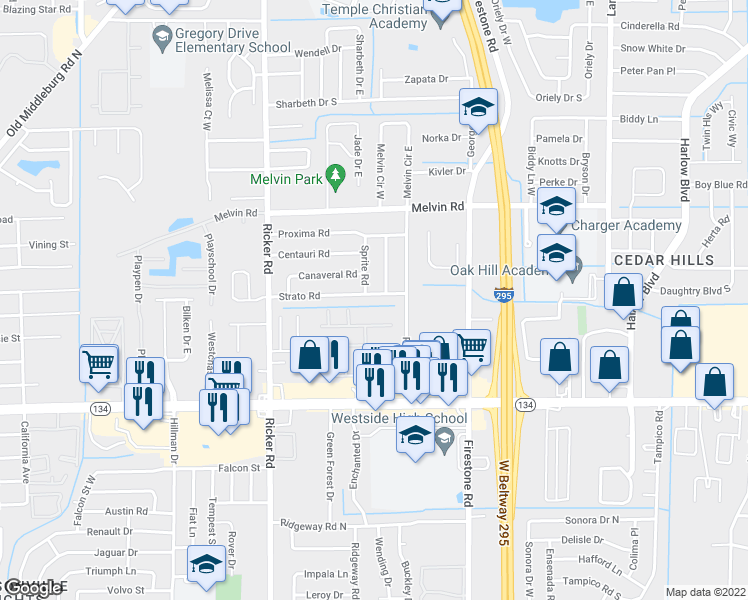 map of restaurants, bars, coffee shops, grocery stores, and more near 7356 Strato Road in Jacksonville