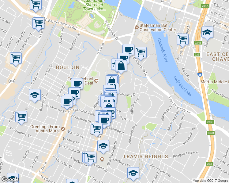 map of restaurants, bars, coffee shops, grocery stores, and more near S Congress Ave & Academy Dr in Austin