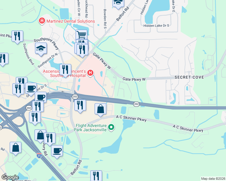 map of restaurants, bars, coffee shops, grocery stores, and more near 8074 Gate Parkway West in Jacksonville