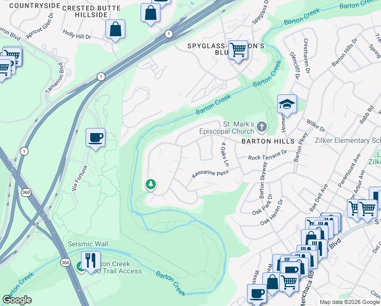 map of restaurants, bars, coffee shops, grocery stores, and more near 2319 Farnswood Circle in Austin
