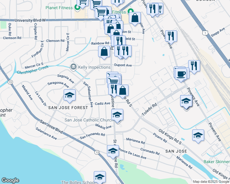 map of restaurants, bars, coffee shops, grocery stores, and more near 6861 Saint Augustine Road in Jacksonville