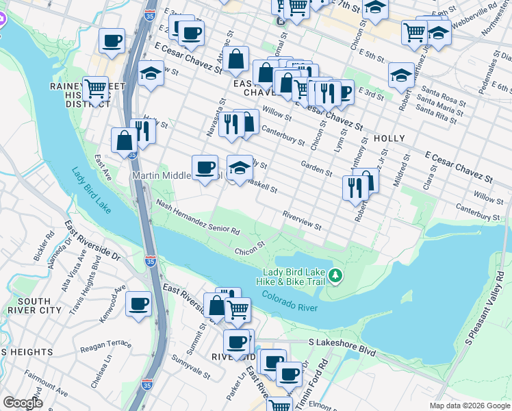 map of restaurants, bars, coffee shops, grocery stores, and more near 1701 Riverview Street in Austin