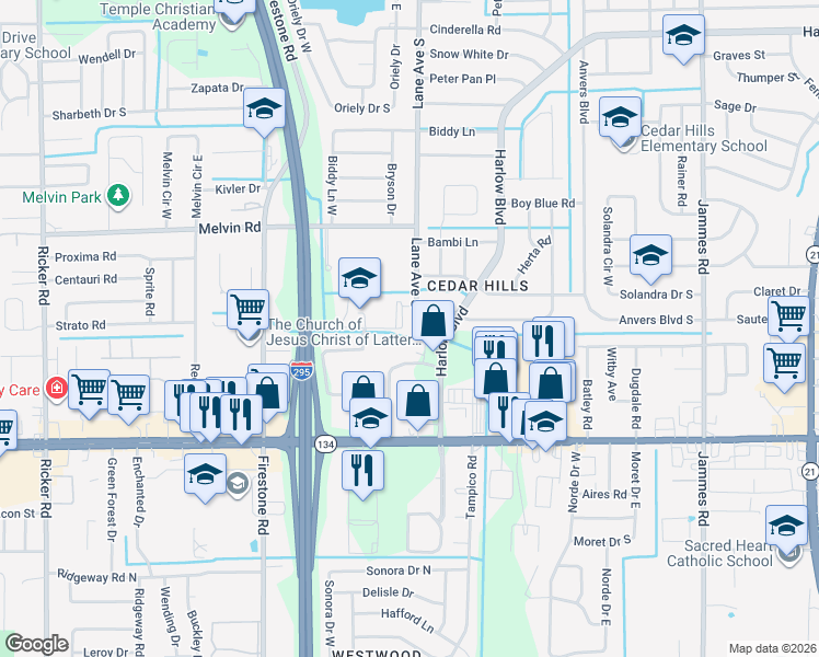map of restaurants, bars, coffee shops, grocery stores, and more near 4932 Lane Avenue South in Jacksonville