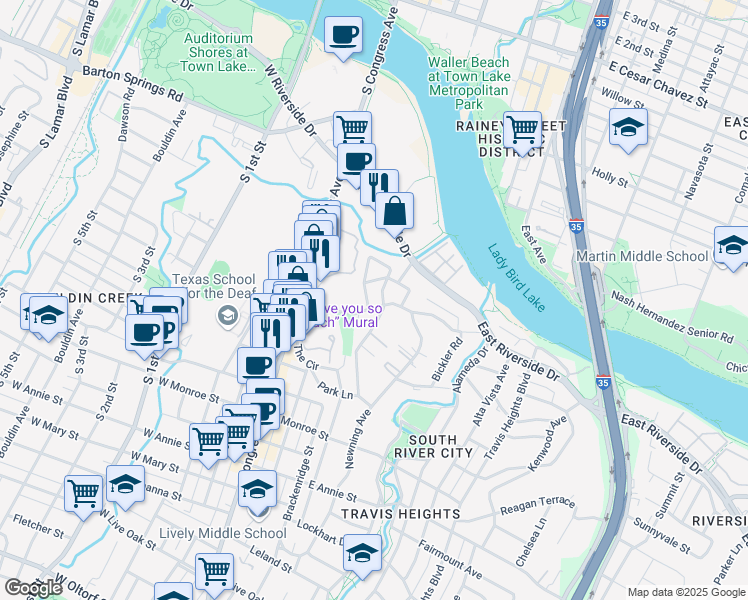 map of restaurants, bars, coffee shops, grocery stores, and more near 210 Academy Drive in Austin