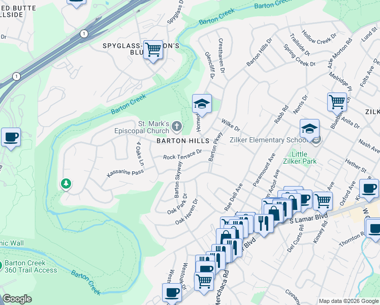 map of restaurants, bars, coffee shops, grocery stores, and more near 2704 Rock Terrace Drive in Austin