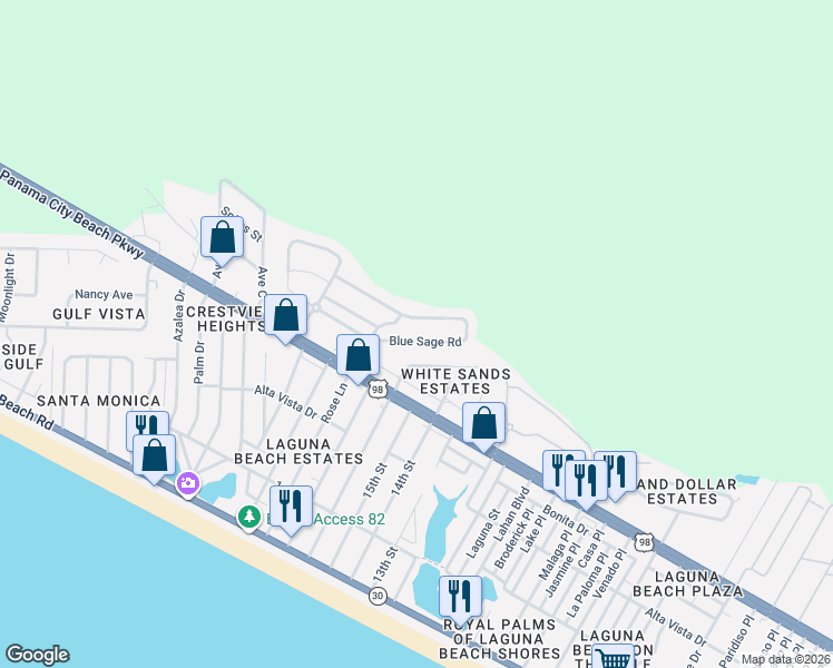 map of restaurants, bars, coffee shops, grocery stores, and more near 210 Blue Sage Road in Panama City Beach