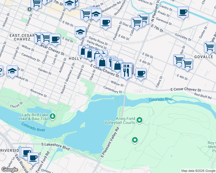 map of restaurants, bars, coffee shops, grocery stores, and more near 2602 Canterbury Street in Austin