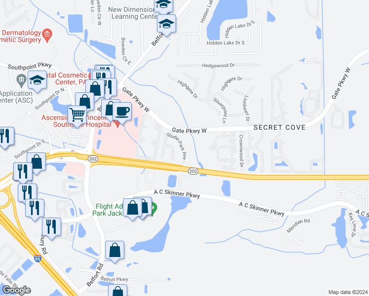 map of restaurants, bars, coffee shops, grocery stores, and more near 4253 Studio Park Avenue in Jacksonville