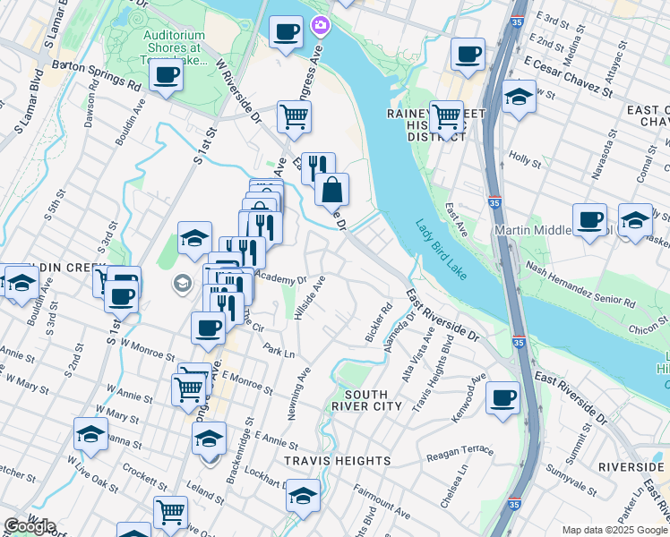 map of restaurants, bars, coffee shops, grocery stores, and more near 1106 Newning Avenue in Austin