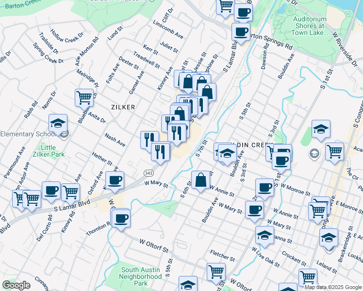 map of restaurants, bars, coffee shops, grocery stores, and more near 1509 South Lamar Boulevard in Austin