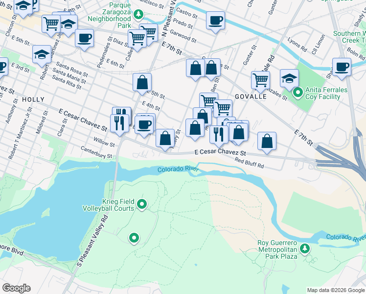 map of restaurants, bars, coffee shops, grocery stores, and more near 3212 East Cesar Chavez Street in Austin