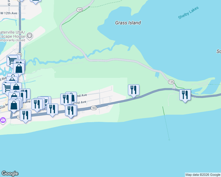 map of restaurants, bars, coffee shops, grocery stores, and more near 598 E 2nd Ave in Gulf Shores