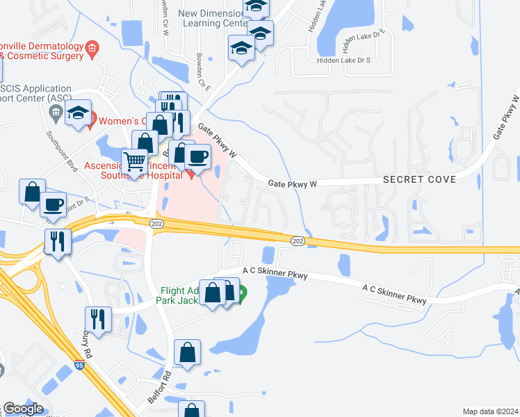 map of restaurants, bars, coffee shops, grocery stores, and more near 4221 Metron Drive in Jacksonville