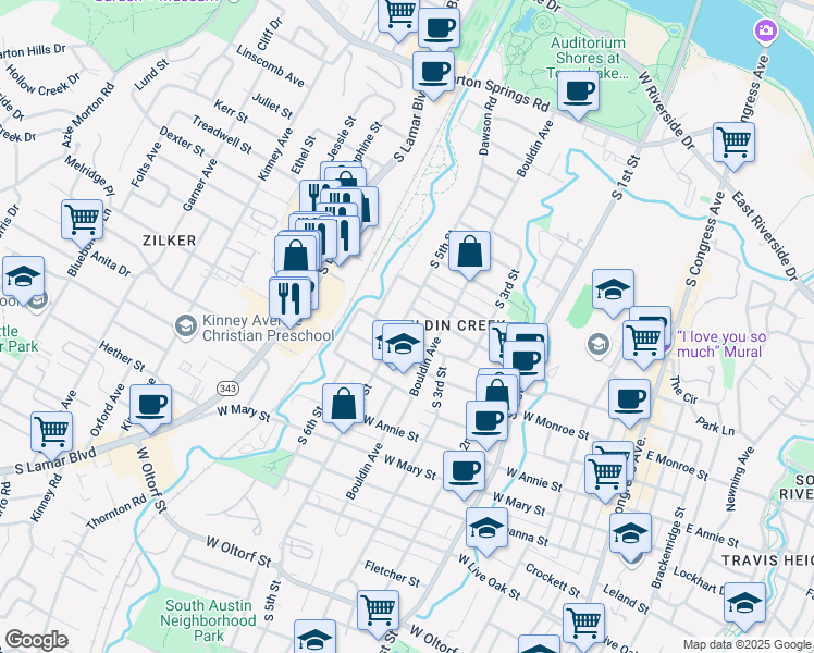 map of restaurants, bars, coffee shops, grocery stores, and more near 916 Jewell Street in Austin