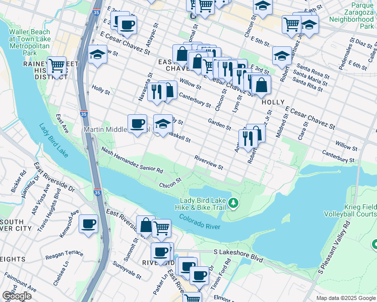 map of restaurants, bars, coffee shops, grocery stores, and more near 1800 Riverview Street in Austin