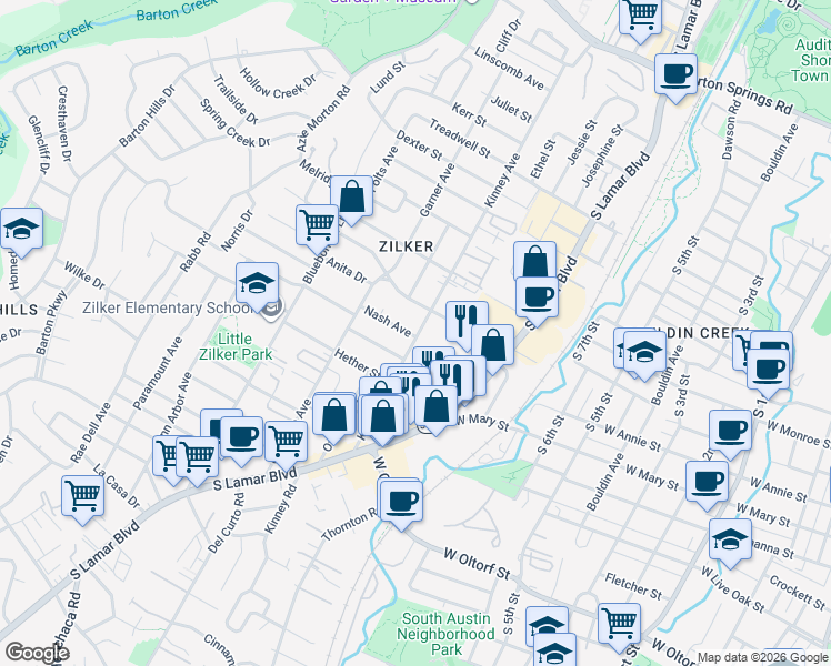 map of restaurants, bars, coffee shops, grocery stores, and more near 1000 Nash Avenue in Austin