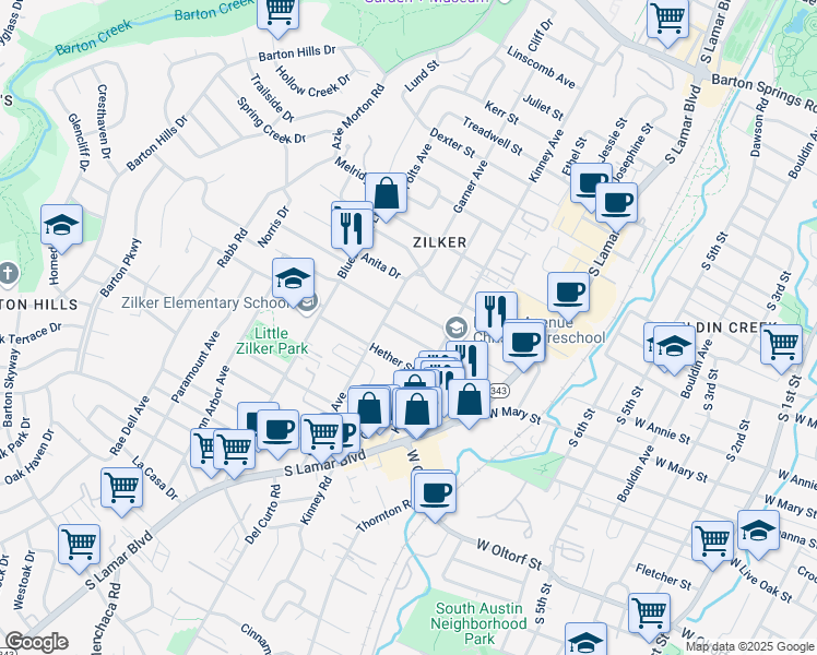 map of restaurants, bars, coffee shops, grocery stores, and more near 1702 Bauerle Avenue in Austin