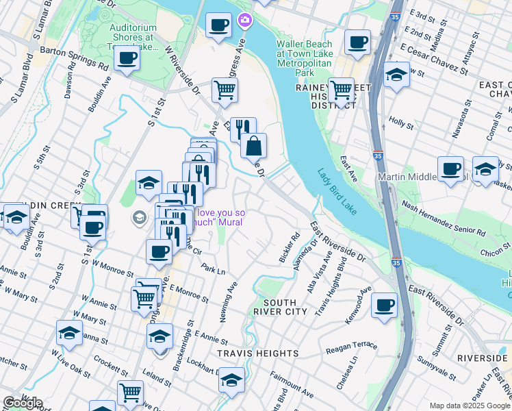 map of restaurants, bars, coffee shops, grocery stores, and more near 1106 Newning Avenue in Austin