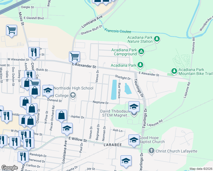 map of restaurants, bars, coffee shops, grocery stores, and more near 322 Norman Drive in Lafayette