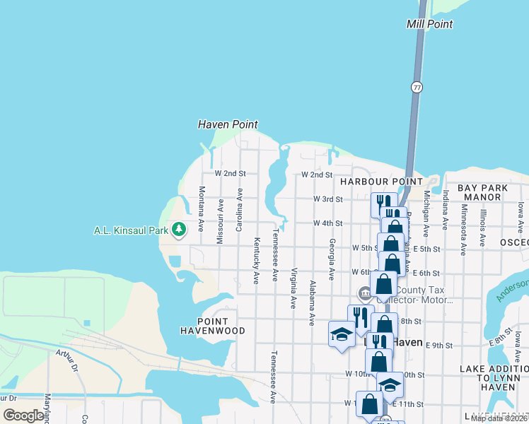 map of restaurants, bars, coffee shops, grocery stores, and more near 710 West 4th Street in Lynn Haven