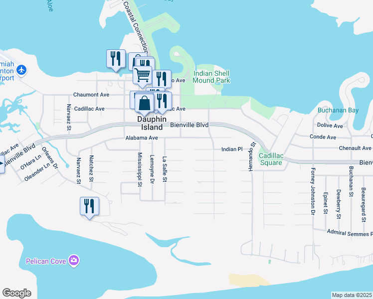 map of restaurants, bars, coffee shops, grocery stores, and more near 905 La Fayette Pl in Dauphin Island