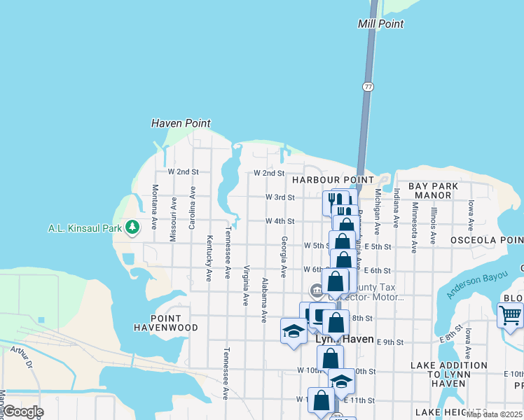 map of restaurants, bars, coffee shops, grocery stores, and more near 312 Alabama Avenue in Lynn Haven
