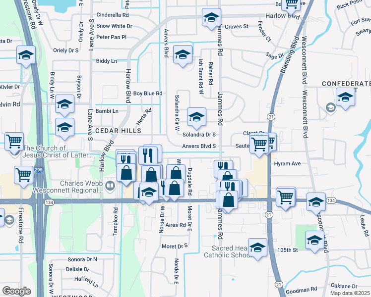 map of restaurants, bars, coffee shops, grocery stores, and more near 6536 Anvers Boulevard South in Jacksonville