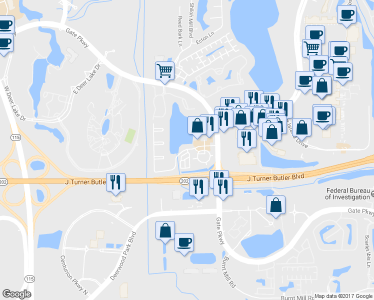 map of restaurants, bars, coffee shops, grocery stores, and more near Skinner Lake Drive in Jacksonville