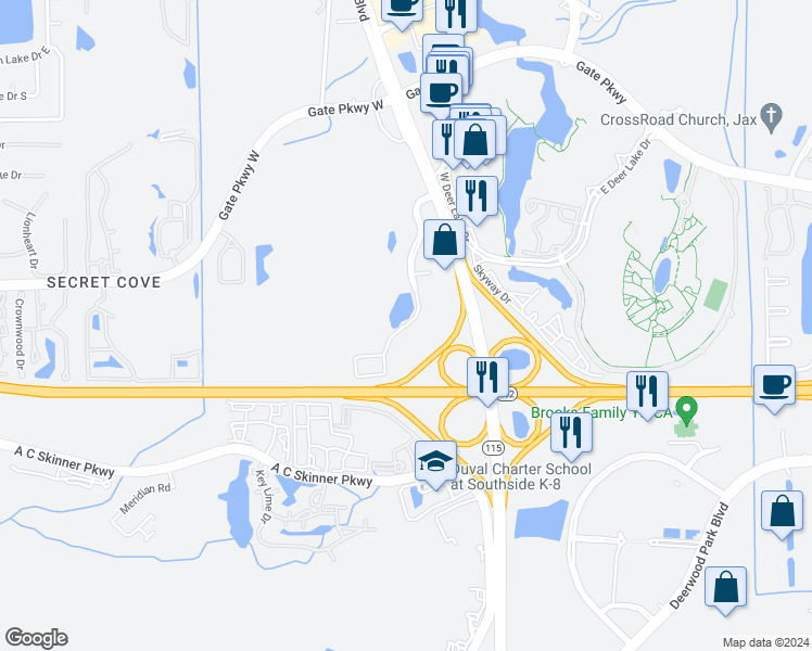 map of restaurants, bars, coffee shops, grocery stores, and more near in Jacksonville