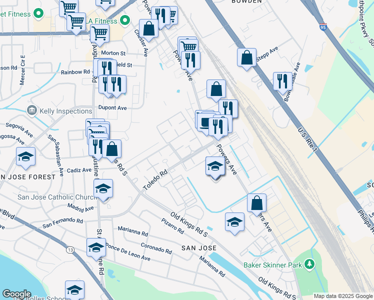 map of restaurants, bars, coffee shops, grocery stores, and more near 3901 Bell Tower Drive in Jacksonville
