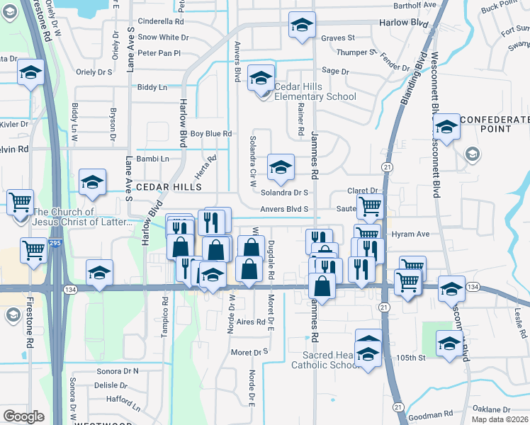 map of restaurants, bars, coffee shops, grocery stores, and more near 6517 Romilly Drive in Jacksonville
