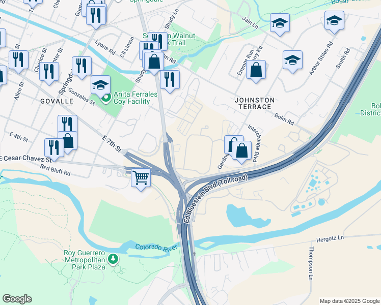 map of restaurants, bars, coffee shops, grocery stores, and more near 7201 Levander Loop in Austin
