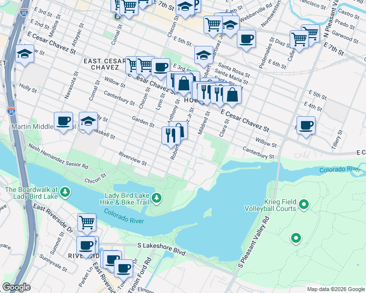 map of restaurants, bars, coffee shops, grocery stores, and more near 2202 Holly Street in Austin