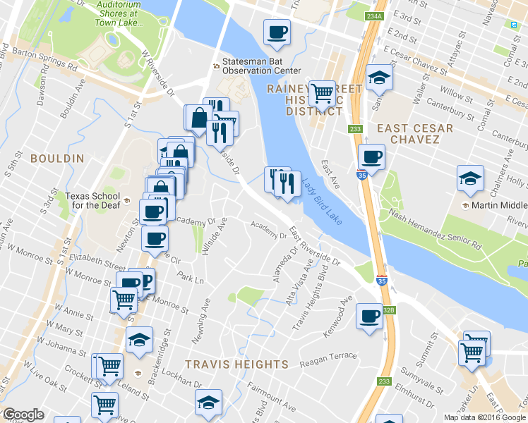 map of restaurants, bars, coffee shops, grocery stores, and more near 506 Academy Drive in Austin