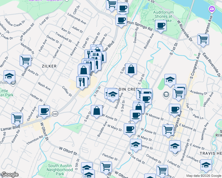 map of restaurants, bars, coffee shops, grocery stores, and more near 916 Jewell Street in Austin