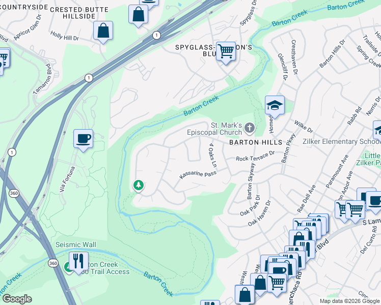 map of restaurants, bars, coffee shops, grocery stores, and more near 2319 Farnswood Circle in Austin